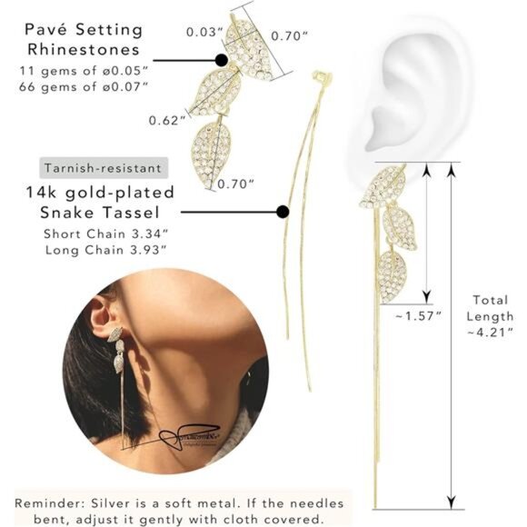 Long Gold Threader Tassel Earrings Dainty Rhinestone Crystal Butterfly Heart - Picture 3 of 7